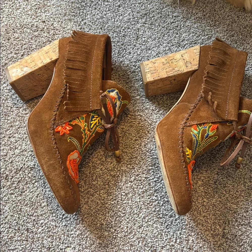 Tory Burch Huntington Beaded Suede Fringe Heeled Bootie - Picture 4 of 10